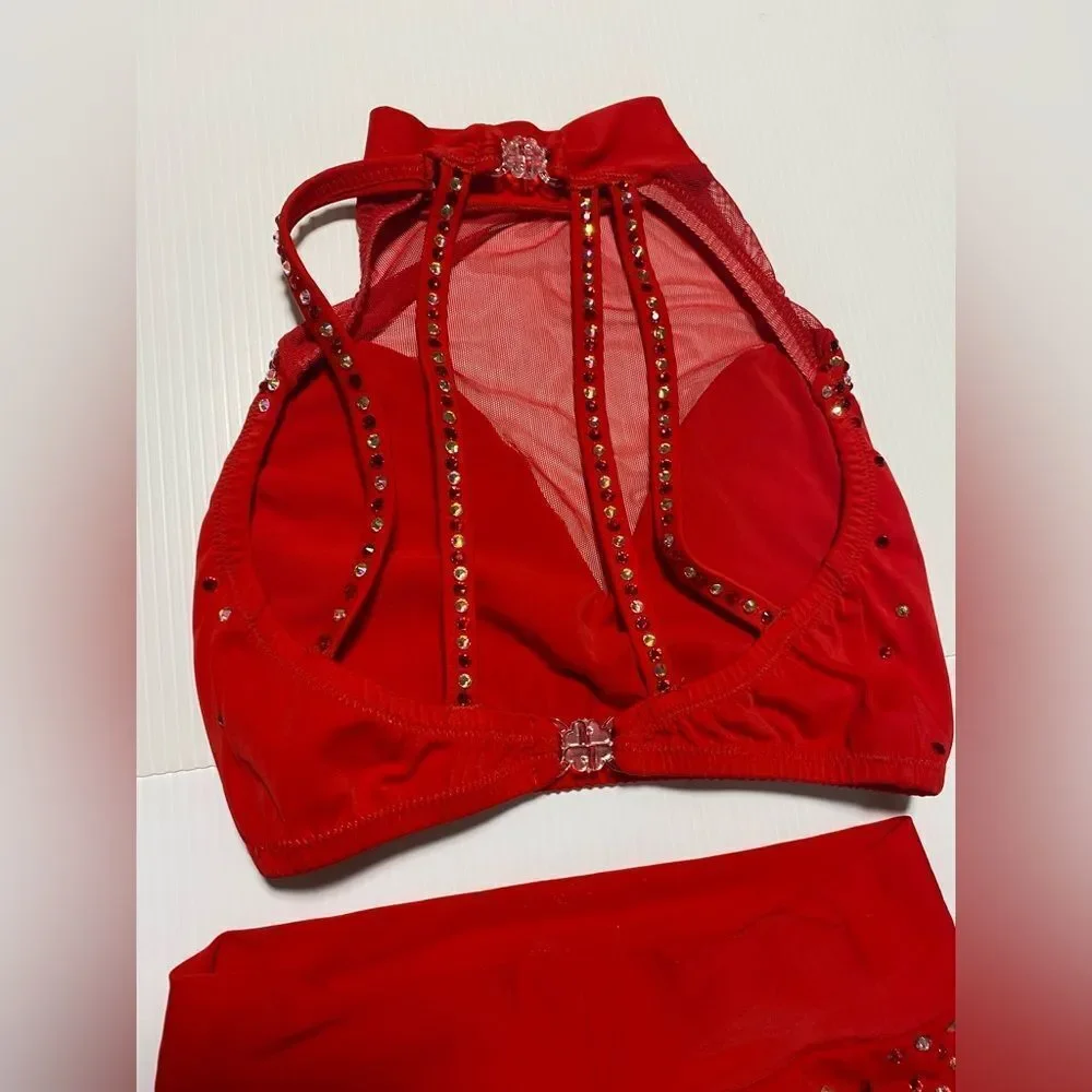 Custom dance solo costume red 2 piece rhinestoned illusion bling XSA adult